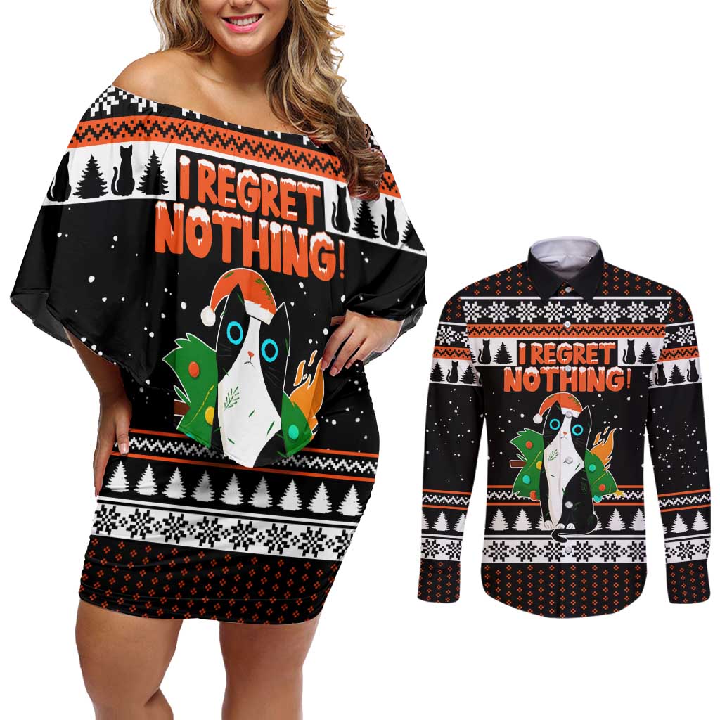 I Regret Nothing Cat Christmas Christmas Couples Matching Off Shoulder Short Dress and Long Sleeve Button Shirt Xmas Holiday Patterns - Wonder Print Shop