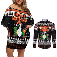 I Regret Nothing Cat Christmas Christmas Couples Matching Off Shoulder Short Dress and Long Sleeve Button Shirt Xmas Holiday Patterns - Wonder Print Shop