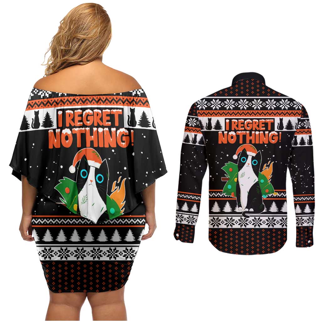 I Regret Nothing Cat Christmas Christmas Couples Matching Off Shoulder Short Dress and Long Sleeve Button Shirt Xmas Holiday Patterns - Wonder Print Shop