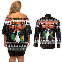 I Regret Nothing Cat Christmas Christmas Couples Matching Off Shoulder Short Dress and Long Sleeve Button Shirt Xmas Holiday Patterns - Wonder Print Shop