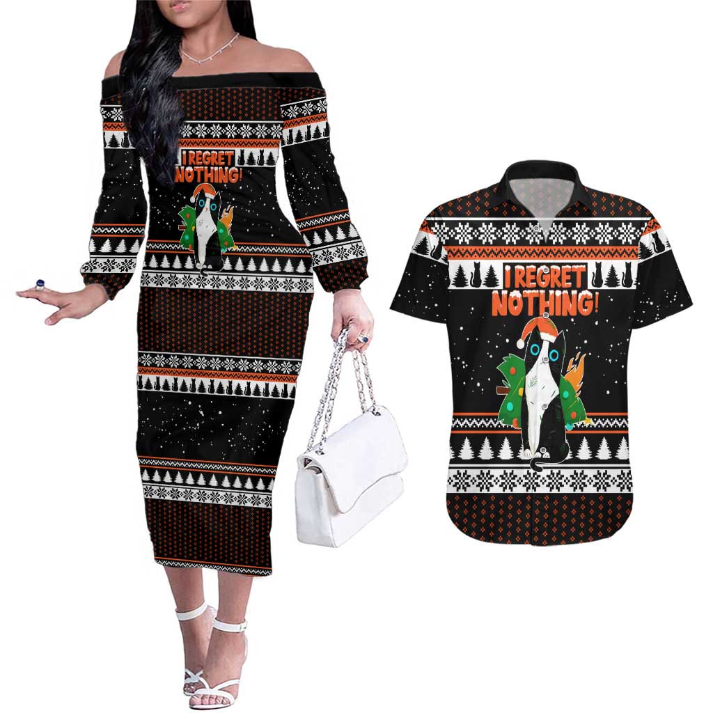 I Regret Nothing Cat Christmas Christmas Couples Matching Off The Shoulder Long Sleeve Dress and Hawaiian Shirt Xmas Holiday Patterns - Wonder Print Shop