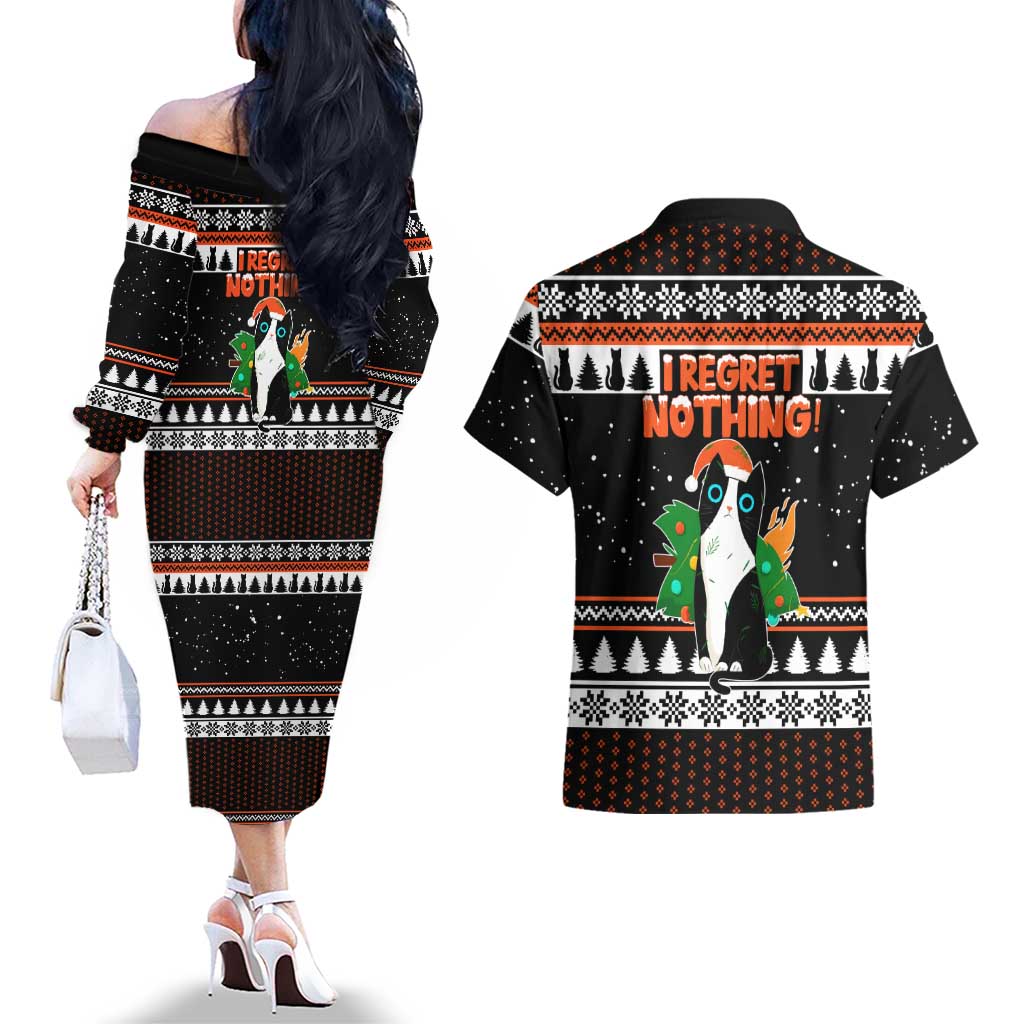 I Regret Nothing Cat Christmas Christmas Couples Matching Off The Shoulder Long Sleeve Dress and Hawaiian Shirt Xmas Holiday Patterns - Wonder Print Shop