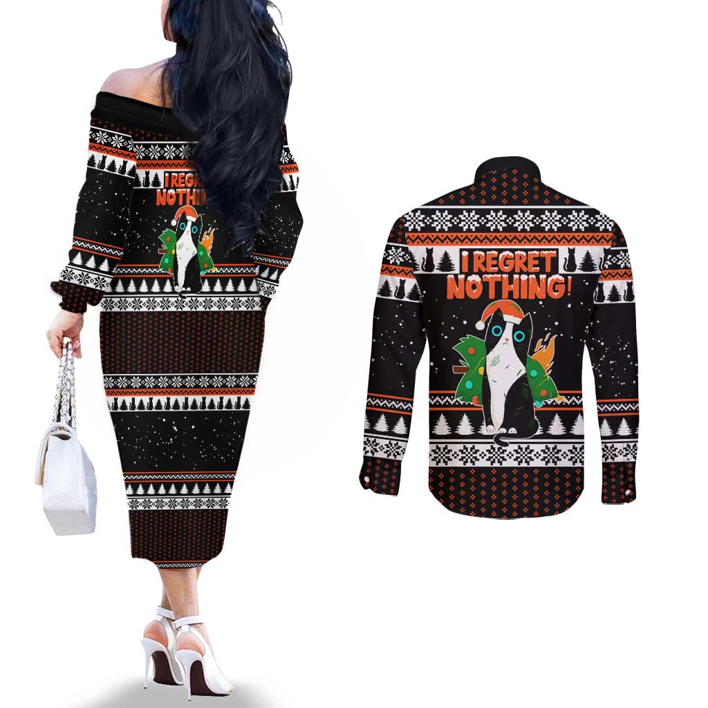 I Regret Nothing Cat Christmas Christmas Couples Matching Off The Shoulder Long Sleeve Dress and Long Sleeve Button Shirt Xmas Holiday Patterns - Wonder Print Shop