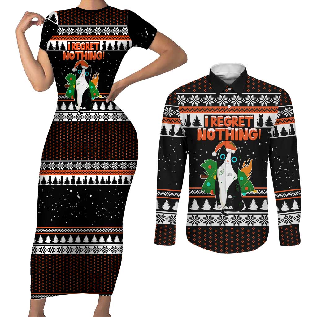 I Regret Nothing Cat Christmas Christmas Couples Matching Short Sleeve Bodycon Dress and Long Sleeve Button Shirt Xmas Holiday Patterns - Wonder Print Shop