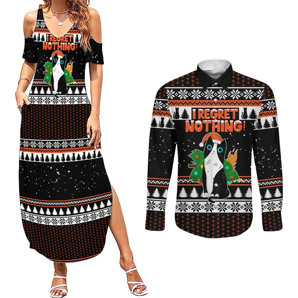 I Regret Nothing Cat Christmas Christmas Couples Matching Summer Maxi Dress and Long Sleeve Button Shirt Xmas Holiday Patterns - Wonder Print Shop