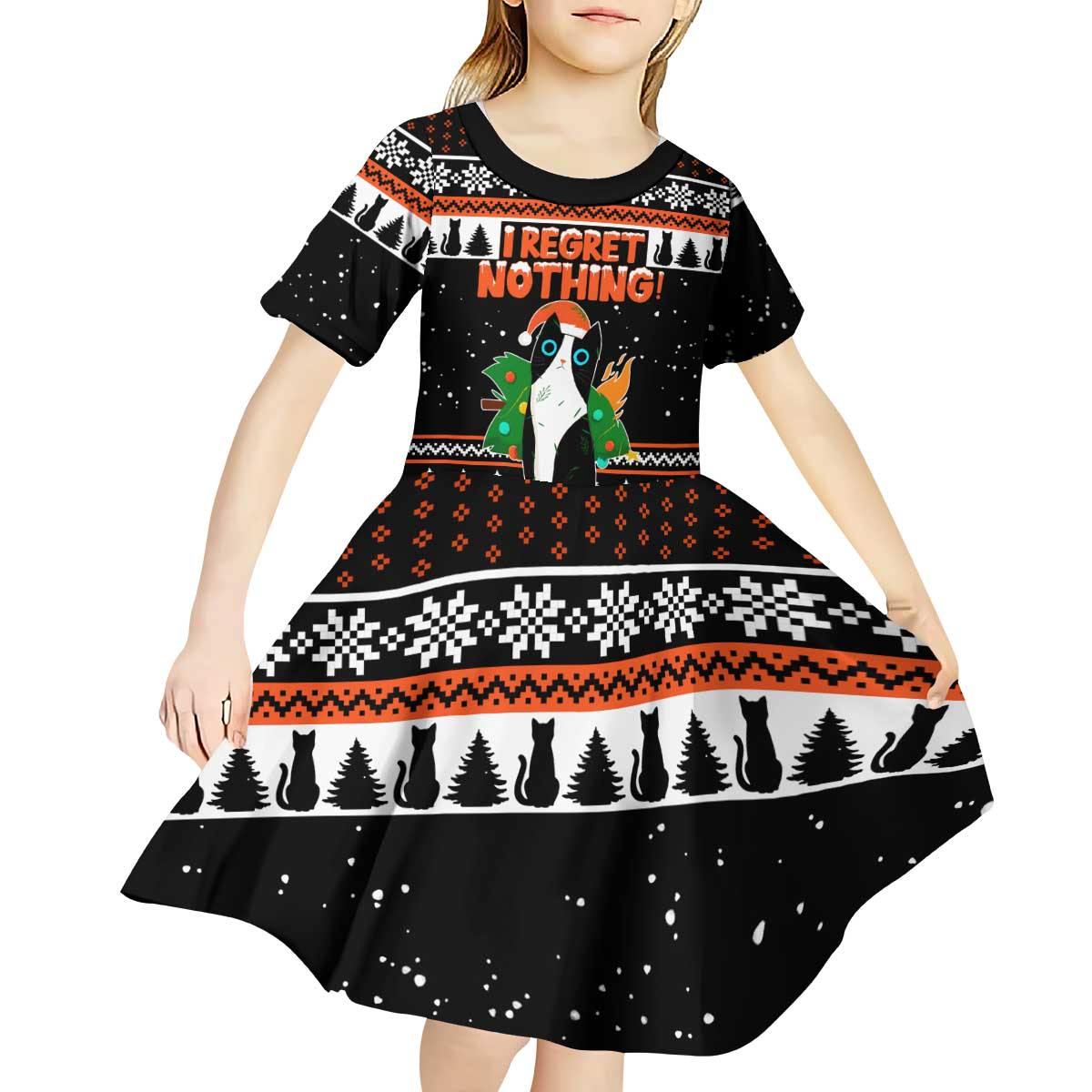 I Regret Nothing Cat Christmas Christmas Kid Short Sleeve Dress Xmas Holiday Patterns - Wonder Print Shop