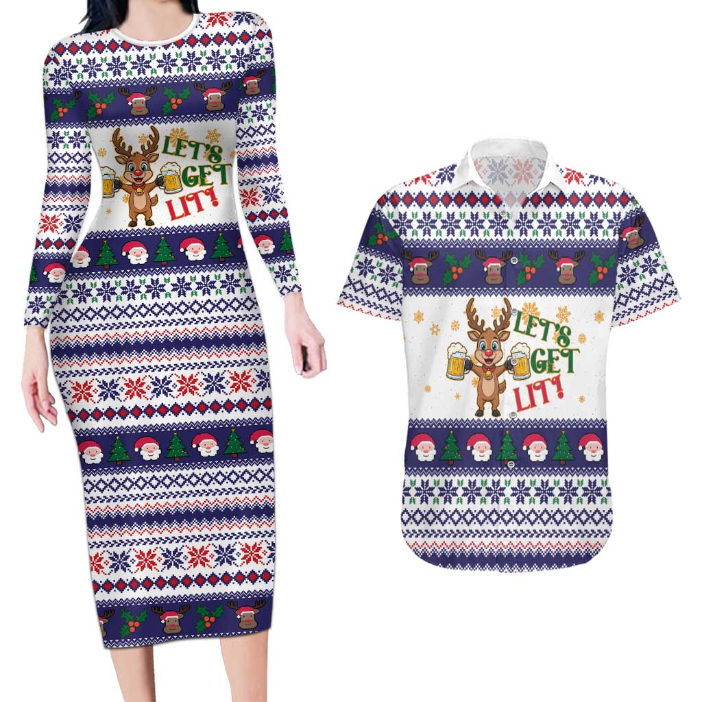 Reindeer Beer Christmas Couples Matching Long Sleeve Bodycon Dress and Hawaiian Shirt Xmas Holiday Patterns - Wonder Print Shop