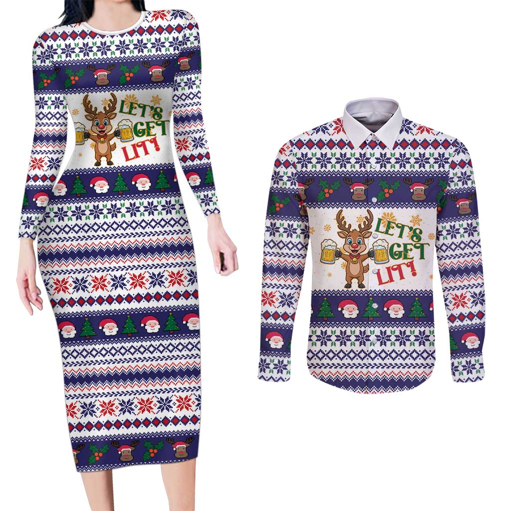 Reindeer Beer Christmas Couples Matching Long Sleeve Bodycon Dress and Long Sleeve Button Shirt Xmas Holiday Patterns - Wonder Print Shop
