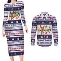 Reindeer Beer Christmas Couples Matching Long Sleeve Bodycon Dress and Long Sleeve Button Shirt Xmas Holiday Patterns - Wonder Print Shop