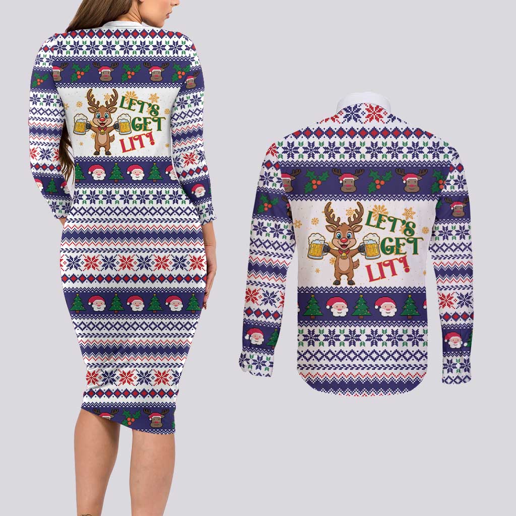 Reindeer Beer Christmas Couples Matching Long Sleeve Bodycon Dress and Long Sleeve Button Shirt Xmas Holiday Patterns - Wonder Print Shop