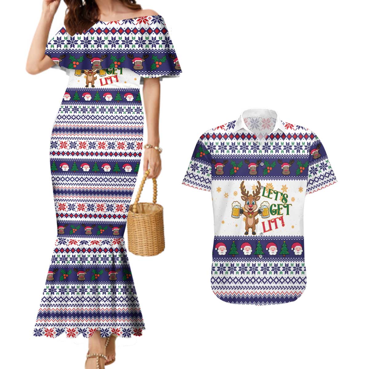 Reindeer Beer Christmas Couples Matching Mermaid Dress and Hawaiian Shirt Xmas Holiday Patterns - Wonder Print Shop