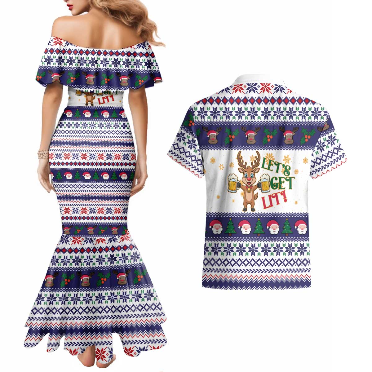 Reindeer Beer Christmas Couples Matching Mermaid Dress and Hawaiian Shirt Xmas Holiday Patterns - Wonder Print Shop