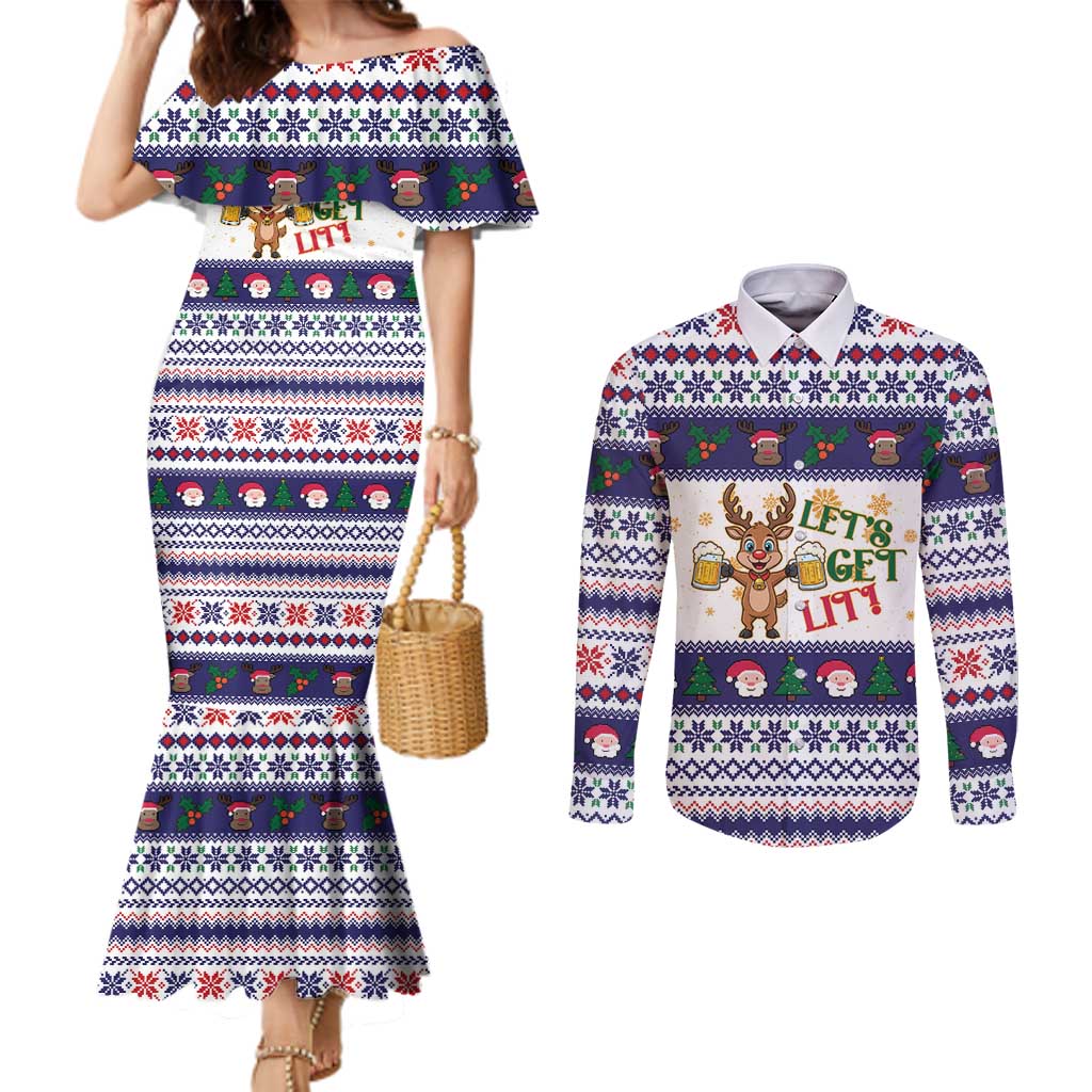 Reindeer Beer Christmas Couples Matching Mermaid Dress and Long Sleeve Button Shirt Xmas Holiday Patterns - Wonder Print Shop