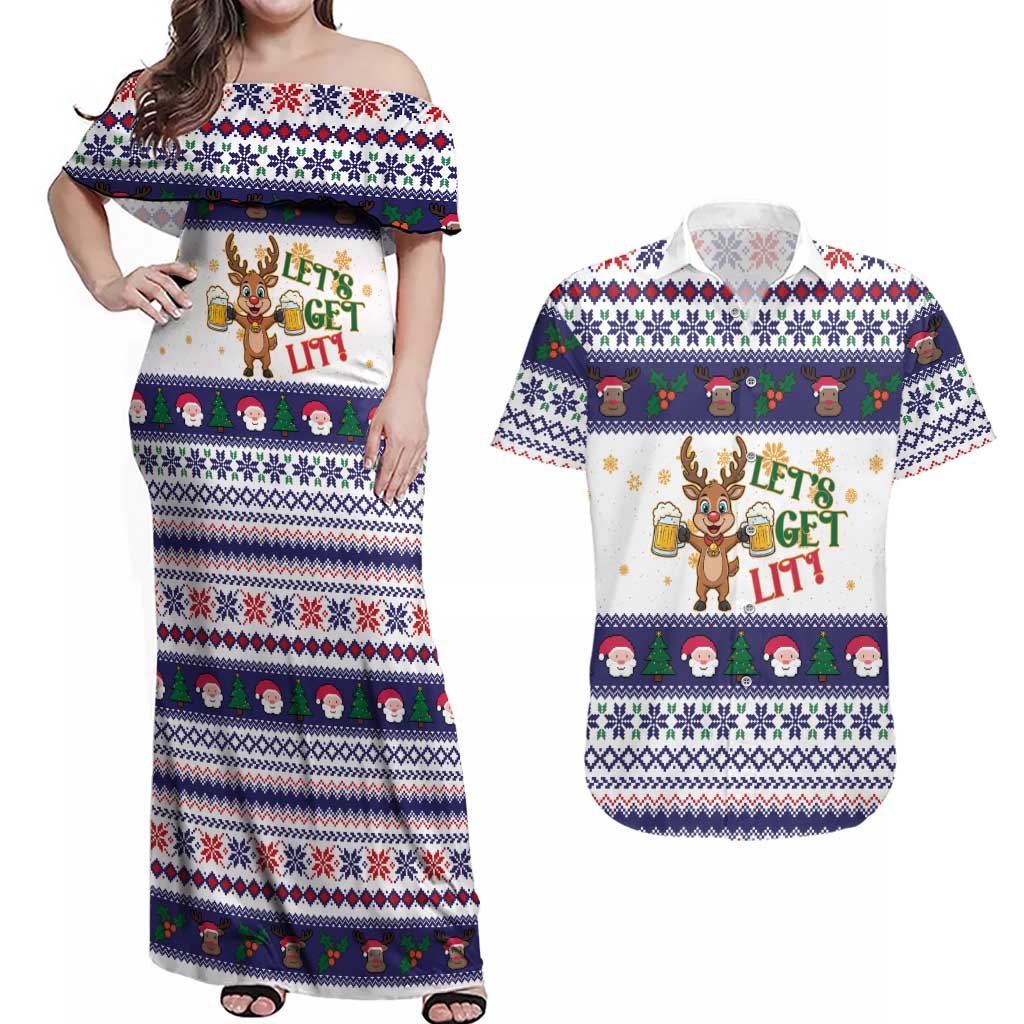 Reindeer Beer Christmas Couples Matching Off Shoulder Maxi Dress and Hawaiian Shirt Xmas Holiday Patterns - Wonder Print Shop