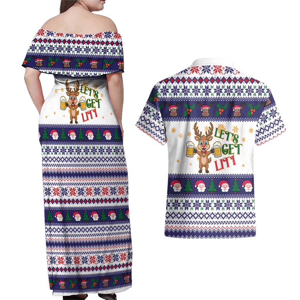 Reindeer Beer Christmas Couples Matching Off Shoulder Maxi Dress and Hawaiian Shirt Xmas Holiday Patterns - Wonder Print Shop