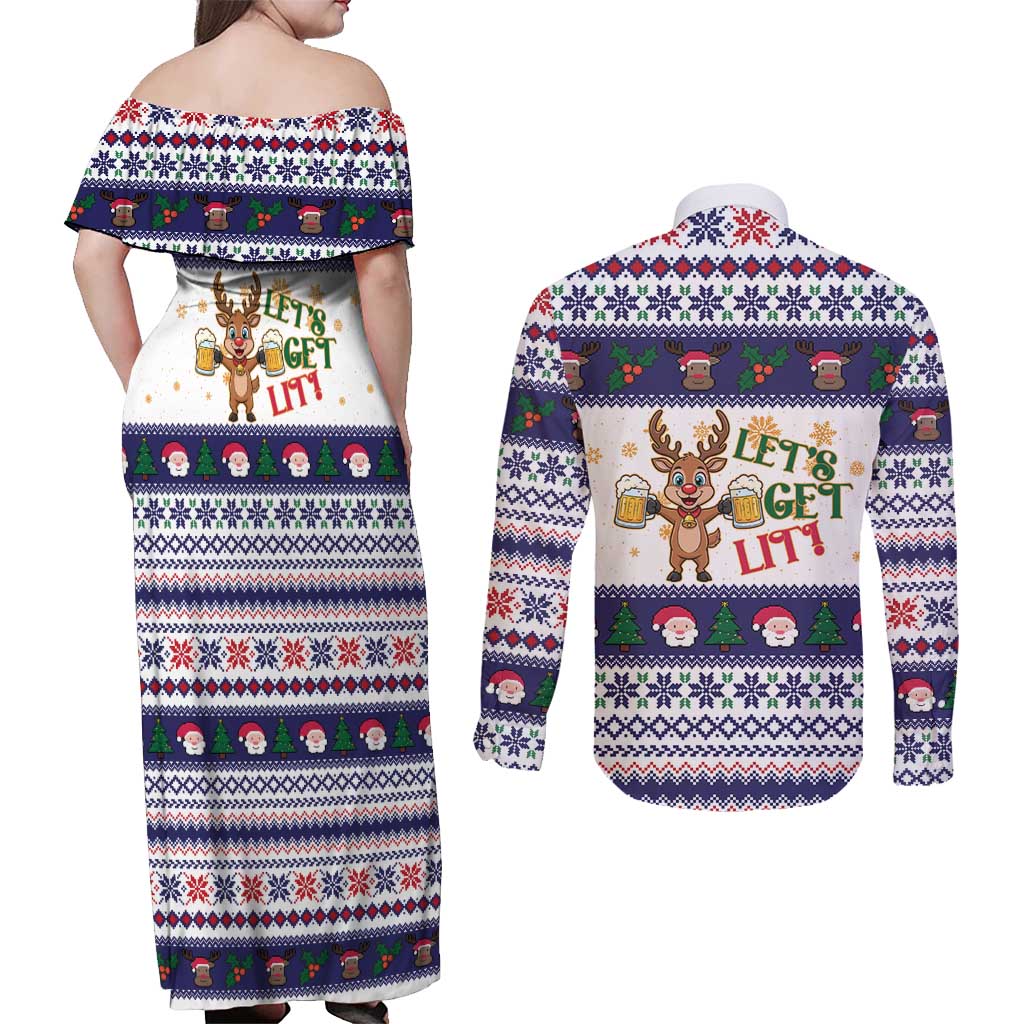 Reindeer Beer Christmas Couples Matching Off Shoulder Maxi Dress and Long Sleeve Button Shirt Xmas Holiday Patterns - Wonder Print Shop