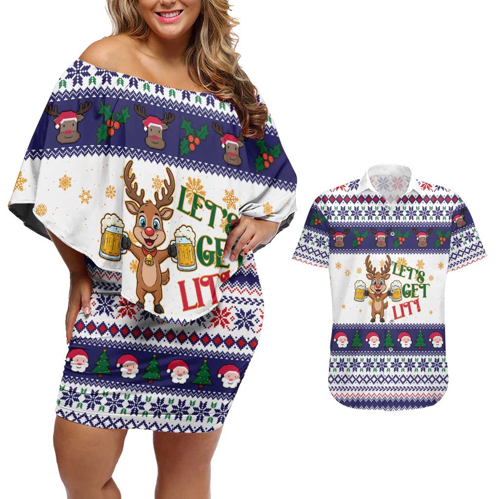 Reindeer Beer Christmas Couples Matching Off Shoulder Short Dress and Hawaiian Shirt Xmas Holiday Patterns - Wonder Print Shop