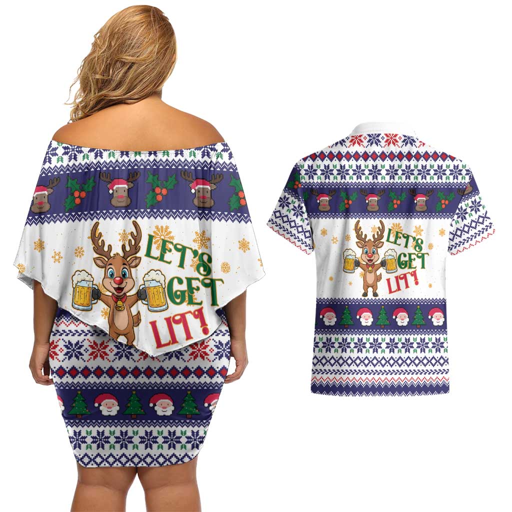Reindeer Beer Christmas Couples Matching Off Shoulder Short Dress and Hawaiian Shirt Xmas Holiday Patterns - Wonder Print Shop