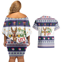 Reindeer Beer Christmas Couples Matching Off Shoulder Short Dress and Hawaiian Shirt Xmas Holiday Patterns - Wonder Print Shop