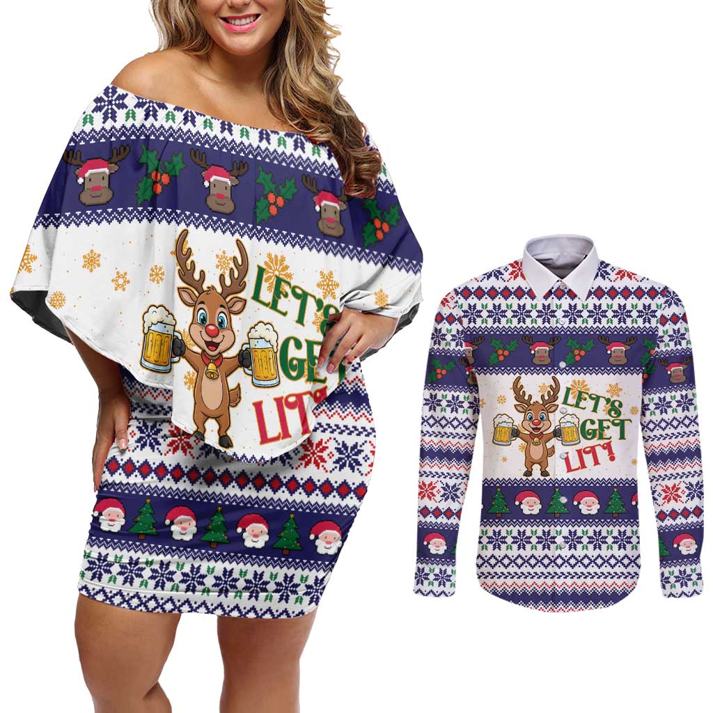 Reindeer Beer Christmas Couples Matching Off Shoulder Short Dress and Long Sleeve Button Shirt Xmas Holiday Patterns - Wonder Print Shop