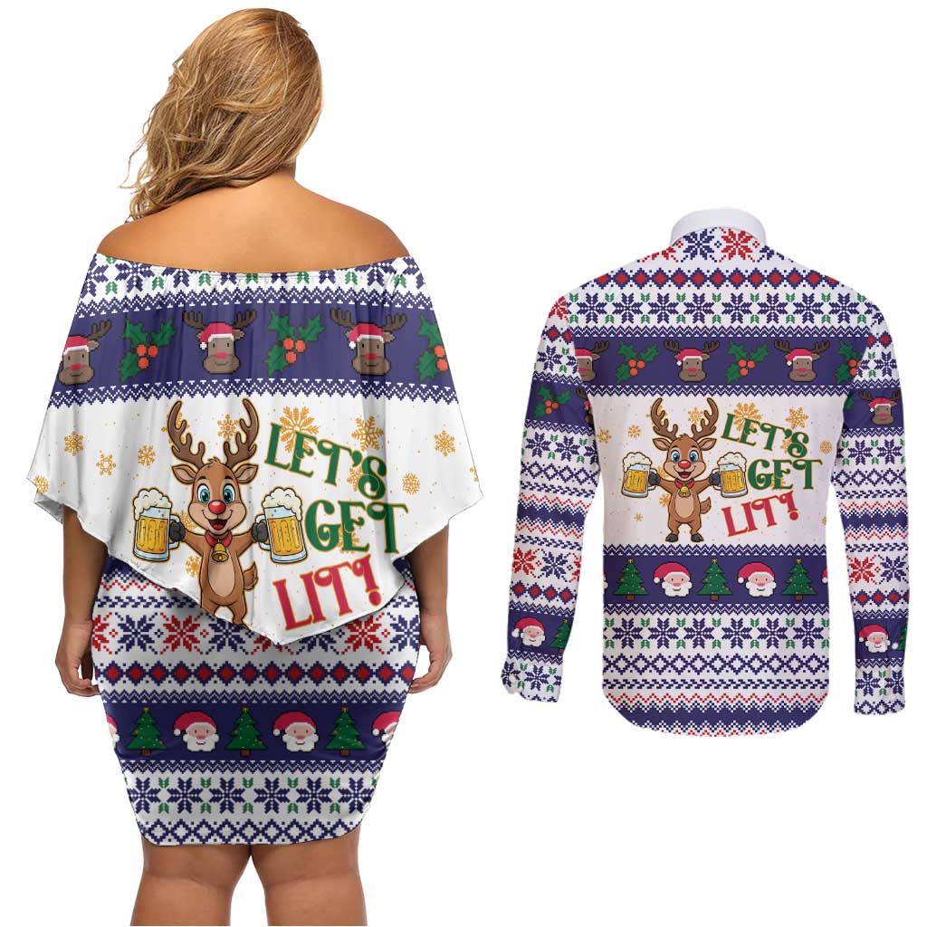 Reindeer Beer Christmas Couples Matching Off Shoulder Short Dress and Long Sleeve Button Shirt Xmas Holiday Patterns - Wonder Print Shop
