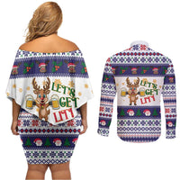 Reindeer Beer Christmas Couples Matching Off Shoulder Short Dress and Long Sleeve Button Shirt Xmas Holiday Patterns - Wonder Print Shop