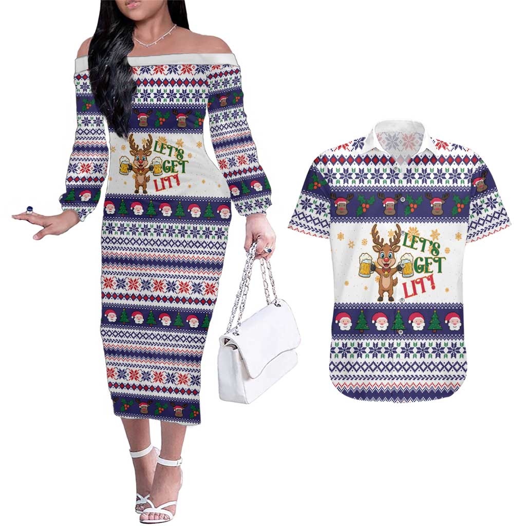 Reindeer Beer Christmas Couples Matching Off The Shoulder Long Sleeve Dress and Hawaiian Shirt Xmas Holiday Patterns - Wonder Print Shop