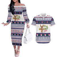 Reindeer Beer Christmas Couples Matching Off The Shoulder Long Sleeve Dress and Hawaiian Shirt Xmas Holiday Patterns - Wonder Print Shop