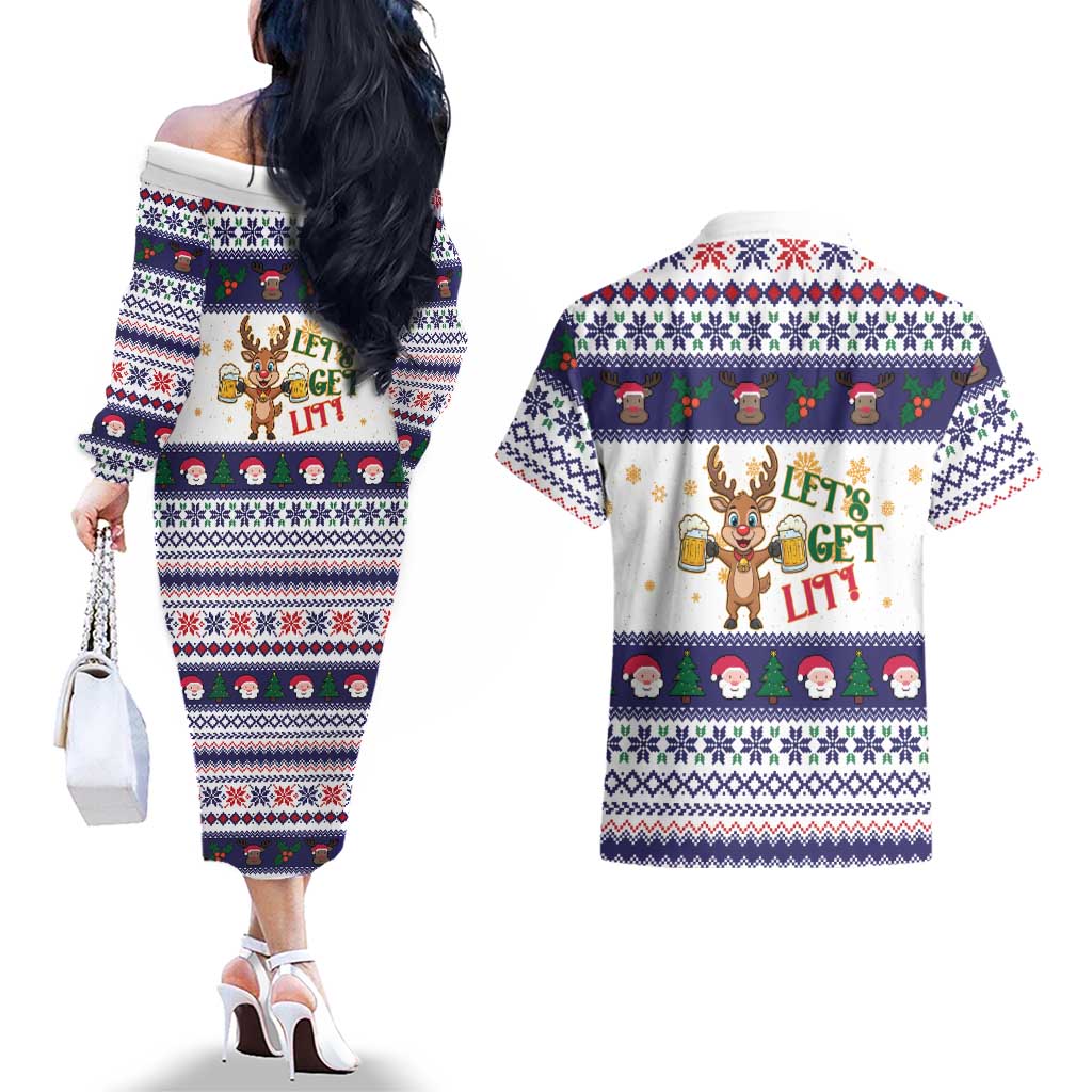 Reindeer Beer Christmas Couples Matching Off The Shoulder Long Sleeve Dress and Hawaiian Shirt Xmas Holiday Patterns - Wonder Print Shop