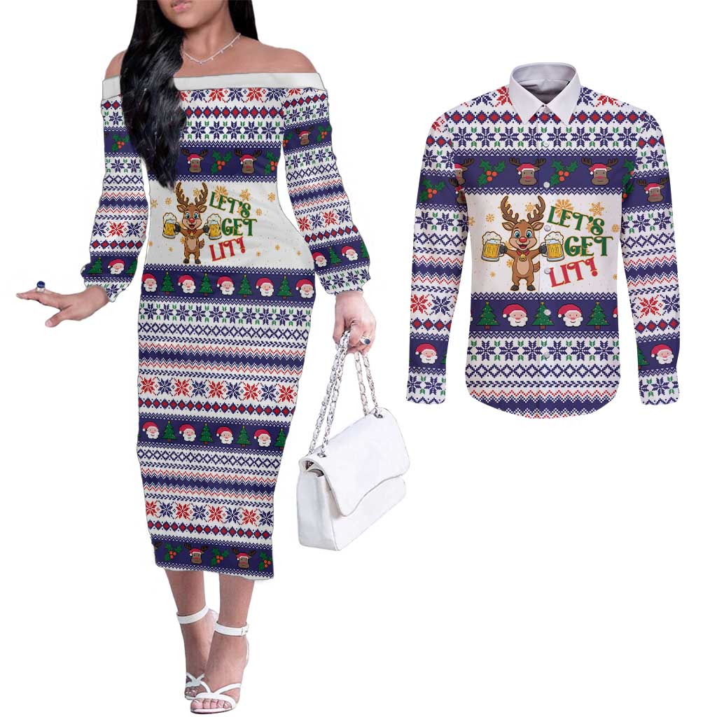 Reindeer Beer Christmas Couples Matching Off The Shoulder Long Sleeve Dress and Long Sleeve Button Shirt Xmas Holiday Patterns - Wonder Print Shop