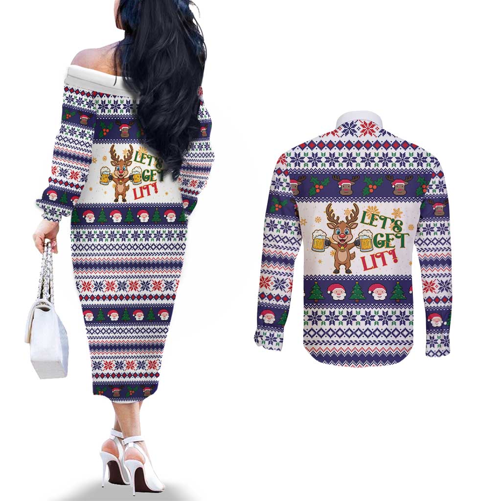 Reindeer Beer Christmas Couples Matching Off The Shoulder Long Sleeve Dress and Long Sleeve Button Shirt Xmas Holiday Patterns - Wonder Print Shop