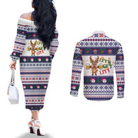 Reindeer Beer Christmas Couples Matching Off The Shoulder Long Sleeve Dress and Long Sleeve Button Shirt Xmas Holiday Patterns - Wonder Print Shop