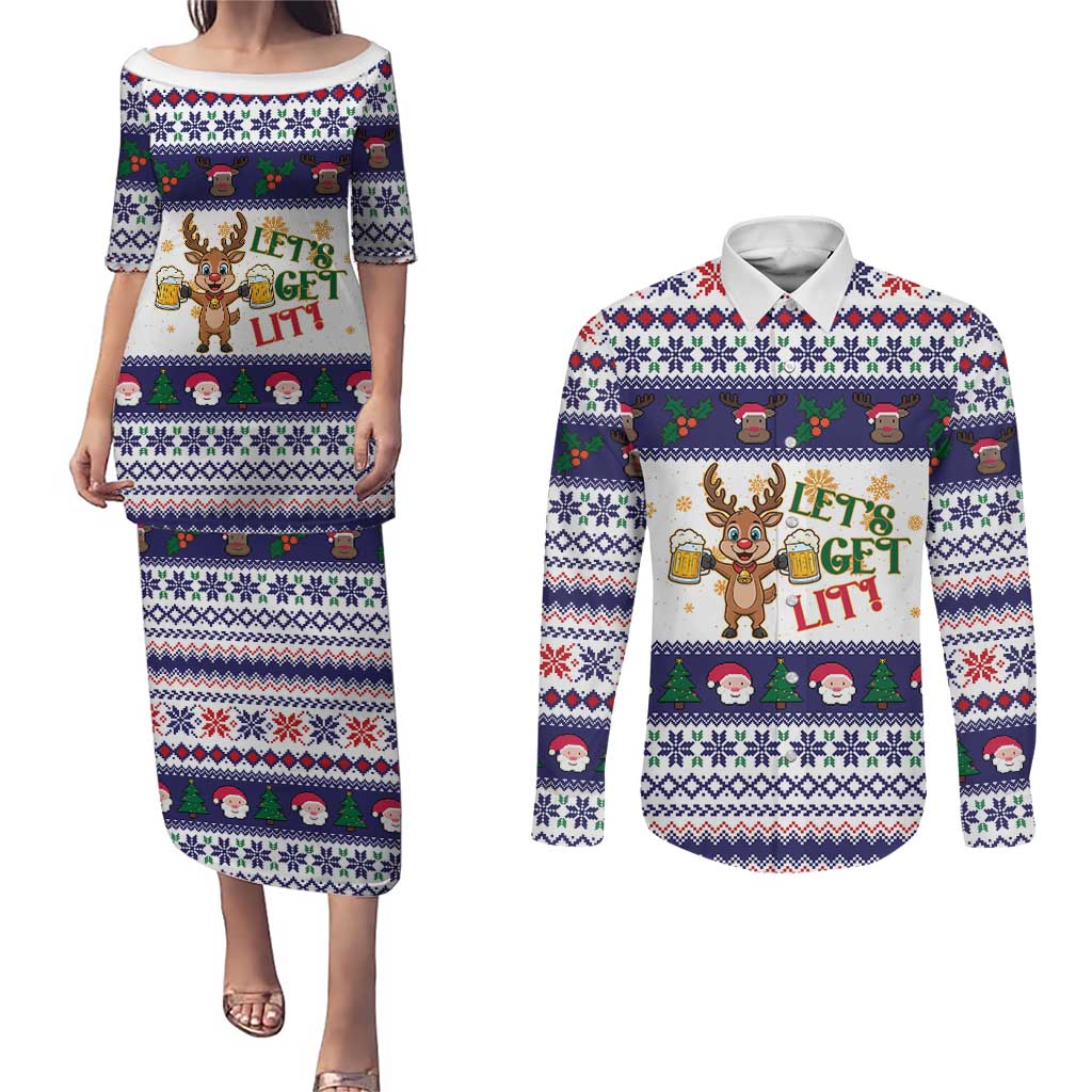 Reindeer Beer Christmas Couples Matching Puletasi and Long Sleeve Button Shirt Xmas Holiday Patterns - undefined