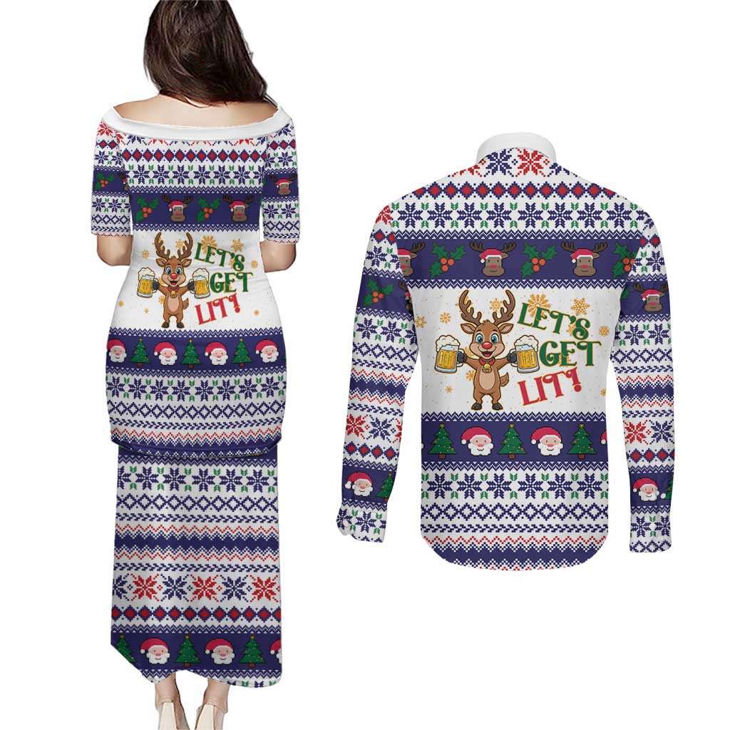 Reindeer Beer Christmas Couples Matching Puletasi and Long Sleeve Button Shirt Xmas Holiday Patterns - undefined