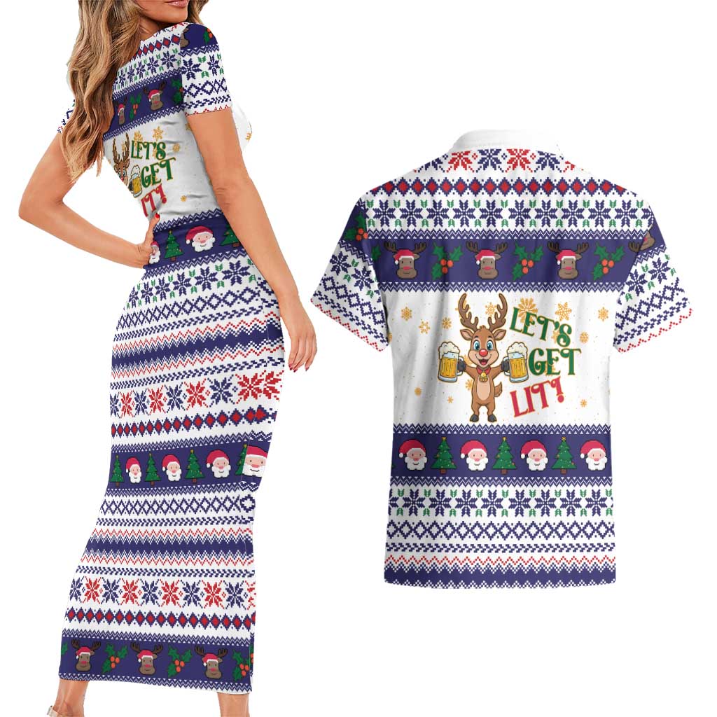 Reindeer Beer Christmas Couples Matching Short Sleeve Bodycon Dress and Hawaiian Shirt Xmas Holiday Patterns - Wonder Print Shop
