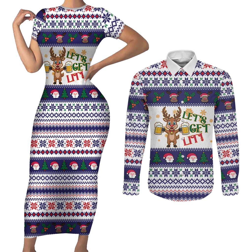 Reindeer Beer Christmas Couples Matching Short Sleeve Bodycon Dress and Long Sleeve Button Shirt Xmas Holiday Patterns - Wonder Print Shop