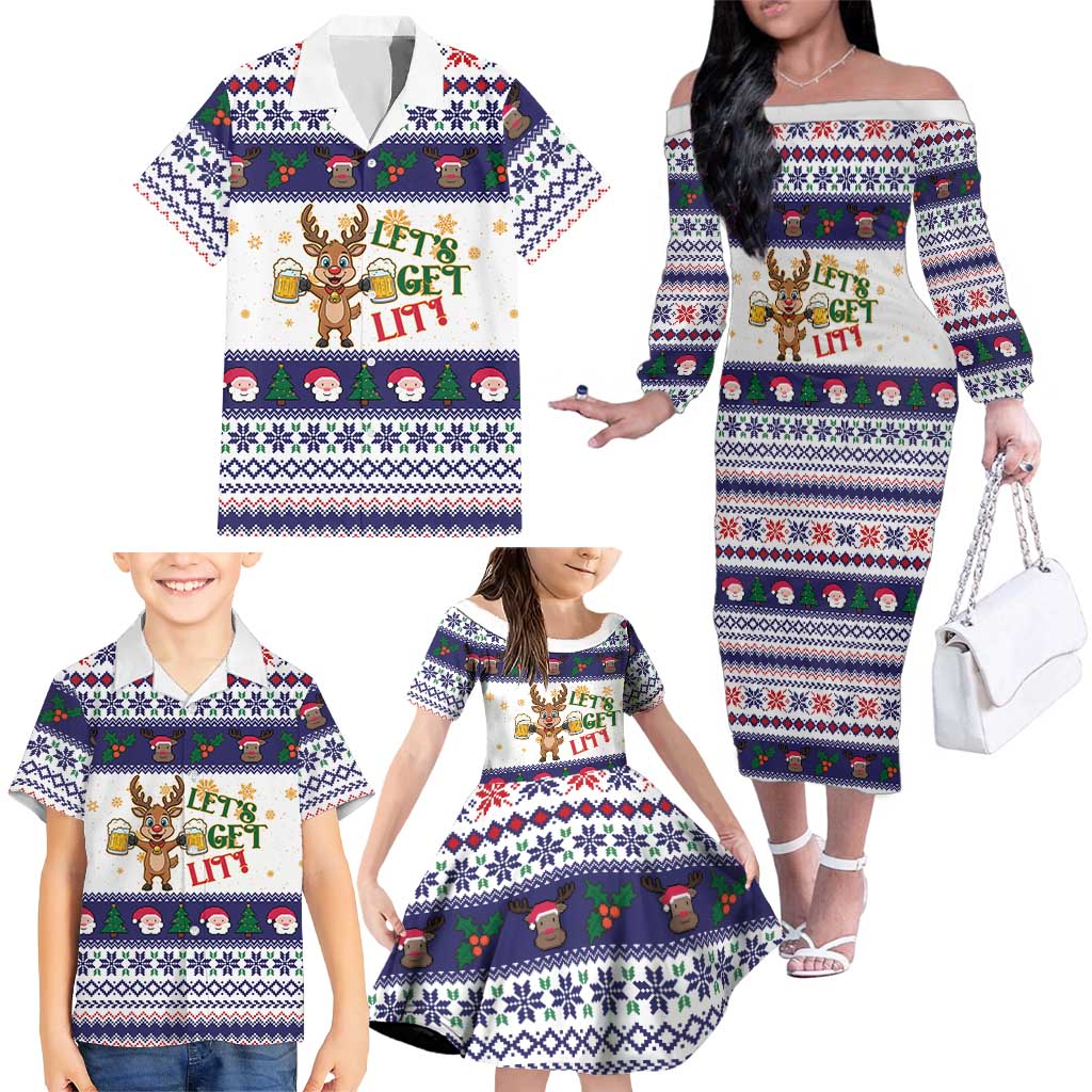 Reindeer Beer Christmas Family Matching Off The Shoulder Long Sleeve Dress and Hawaiian Shirt Xmas Holiday Patterns - Wonder Print Shop