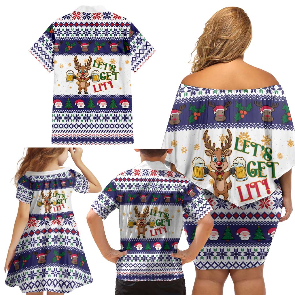 Reindeer Beer Christmas Family Matching Off Shoulder Short Dress and Hawaiian Shirt Xmas Holiday Patterns - Wonder Print Shop