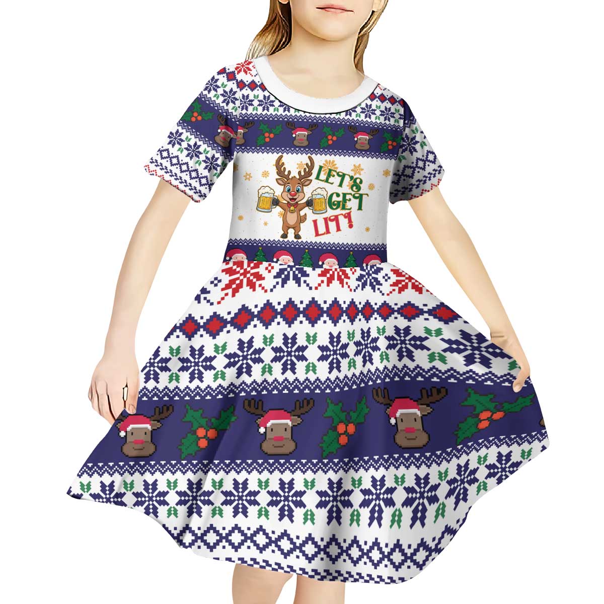 Reindeer Beer Christmas Kid Short Sleeve Dress Xmas Holiday Patterns - Wonder Print Shop