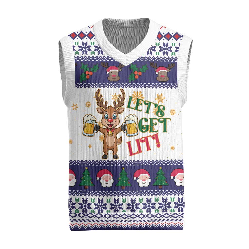 Reindeer Beer Christmas Knitted V-Neck Vest Xmas Holiday Patterns - Wonder Print Shop