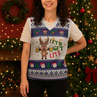 Reindeer Beer Christmas Knitted V-Neck Vest Xmas Holiday Patterns - Wonder Print Shop