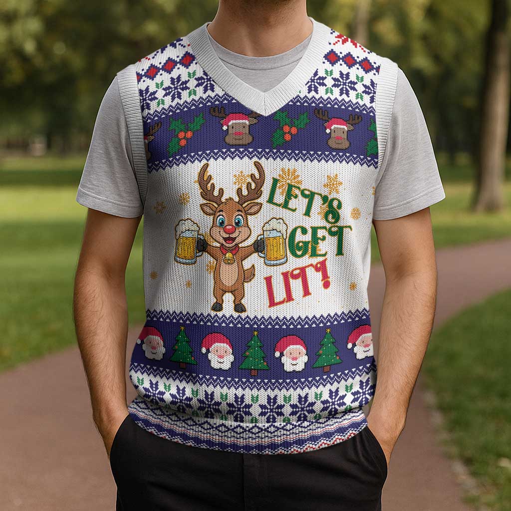 Reindeer Beer Christmas Knitted V-Neck Vest Xmas Holiday Patterns - Wonder Print Shop