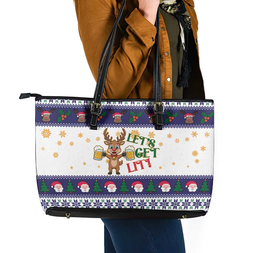 Reindeer Beer Christmas Leather Tote Bag Xmas Holiday Patterns - Wonder Print Shop
