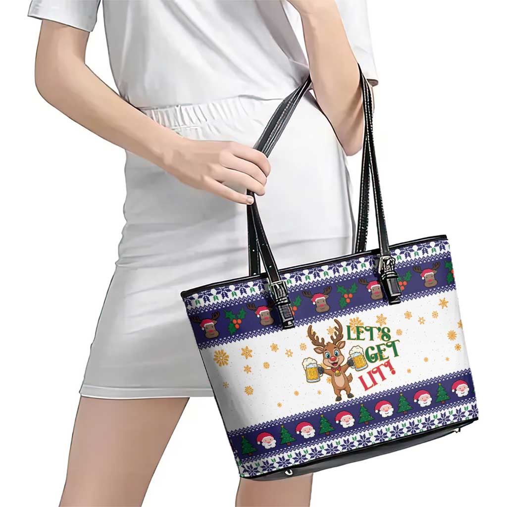 Reindeer Beer Christmas Leather Tote Bag Xmas Holiday Patterns - Wonder Print Shop
