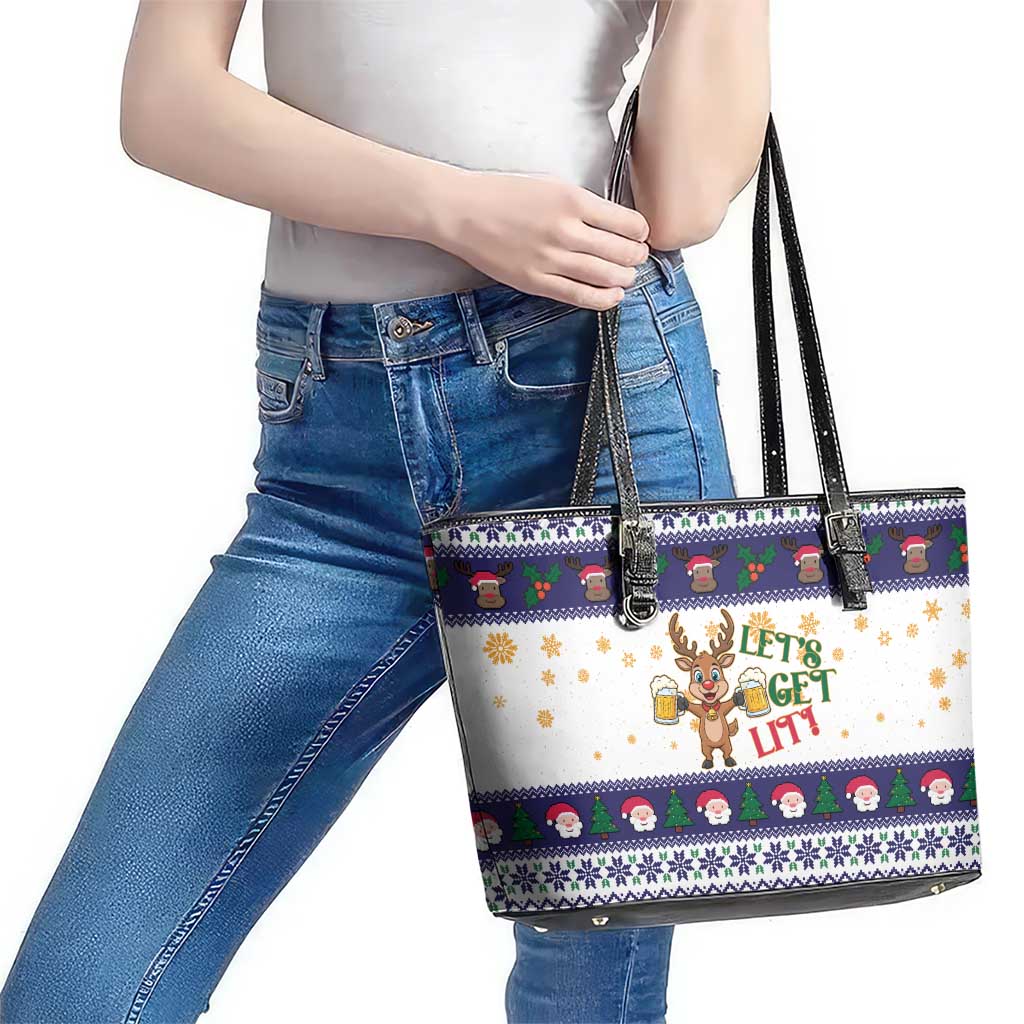 Reindeer Beer Christmas Leather Tote Bag Xmas Holiday Patterns - Wonder Print Shop