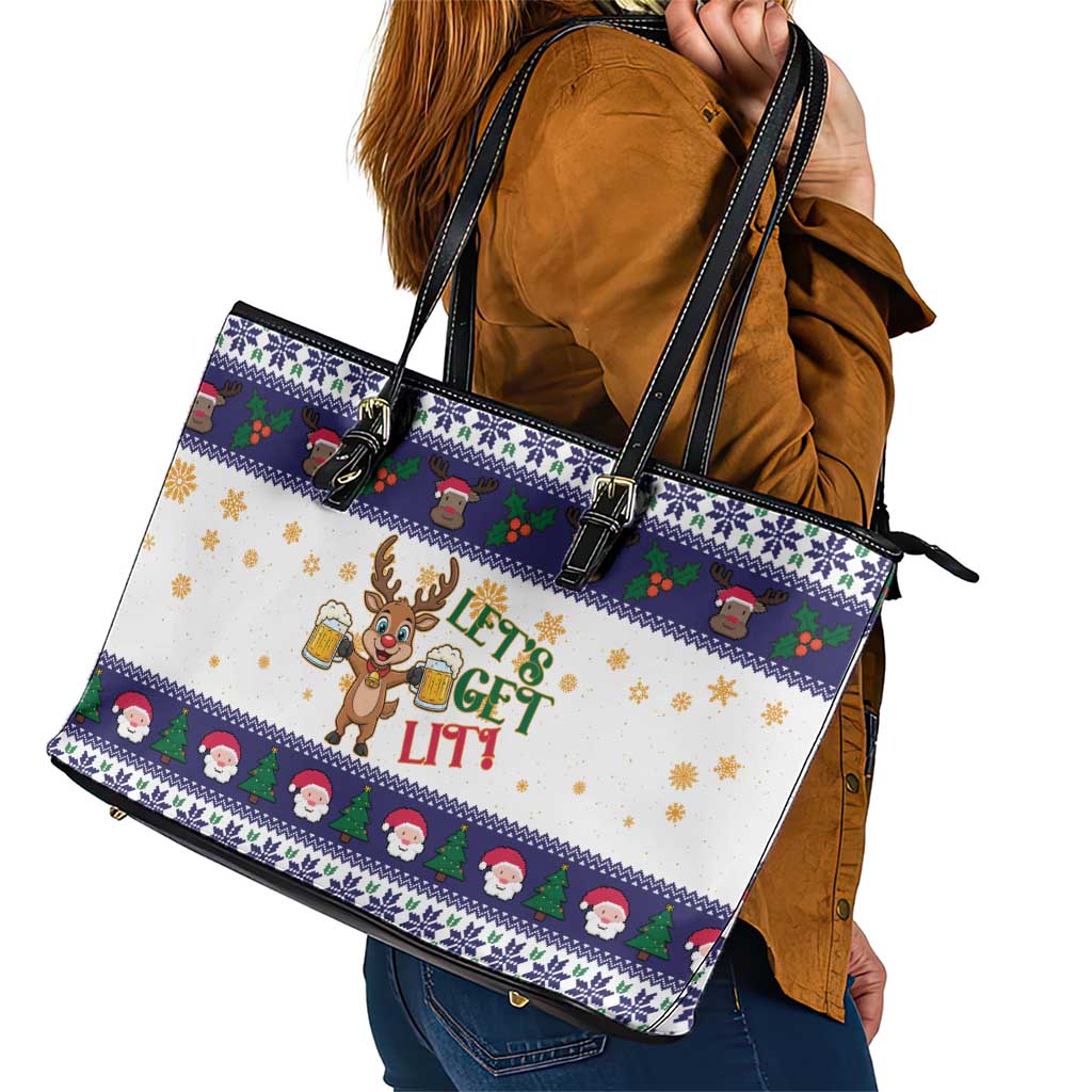 Reindeer Beer Christmas Leather Tote Bag Xmas Holiday Patterns - Wonder Print Shop