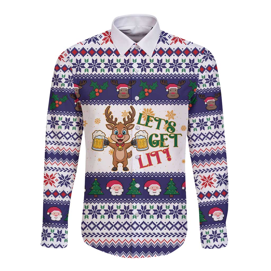 Reindeer Beer Christmas Long Sleeve Button Shirt Xmas Holiday Patterns - Wonder Print Shop