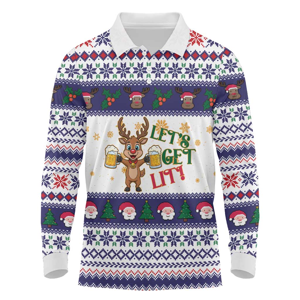 Reindeer Beer Christmas Long Sleeve Polo Shirt Xmas Holiday Patterns - Wonder Print Shop
