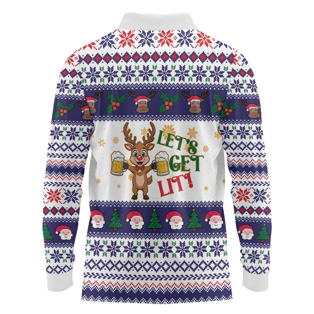 Reindeer Beer Christmas Long Sleeve Polo Shirt Xmas Holiday Patterns - Wonder Print Shop