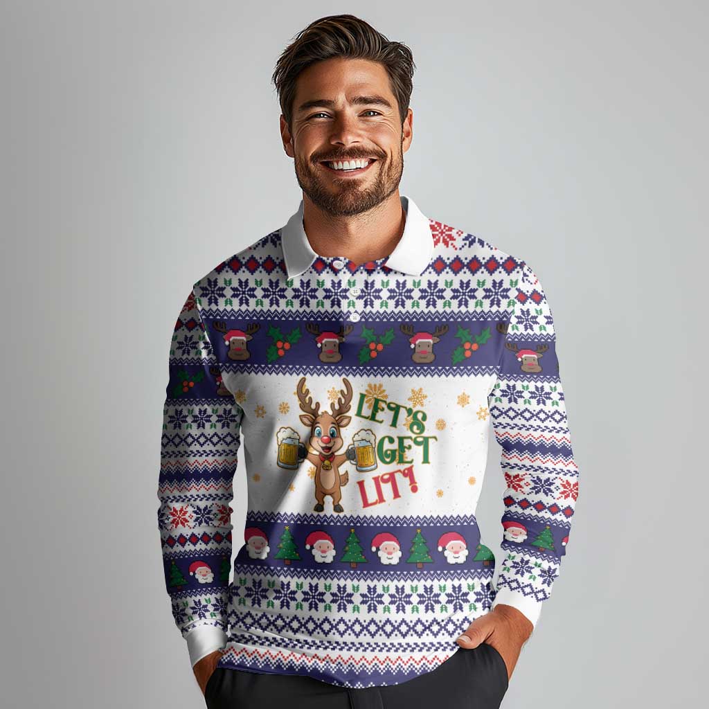 Reindeer Beer Christmas Long Sleeve Polo Shirt Xmas Holiday Patterns - Wonder Print Shop